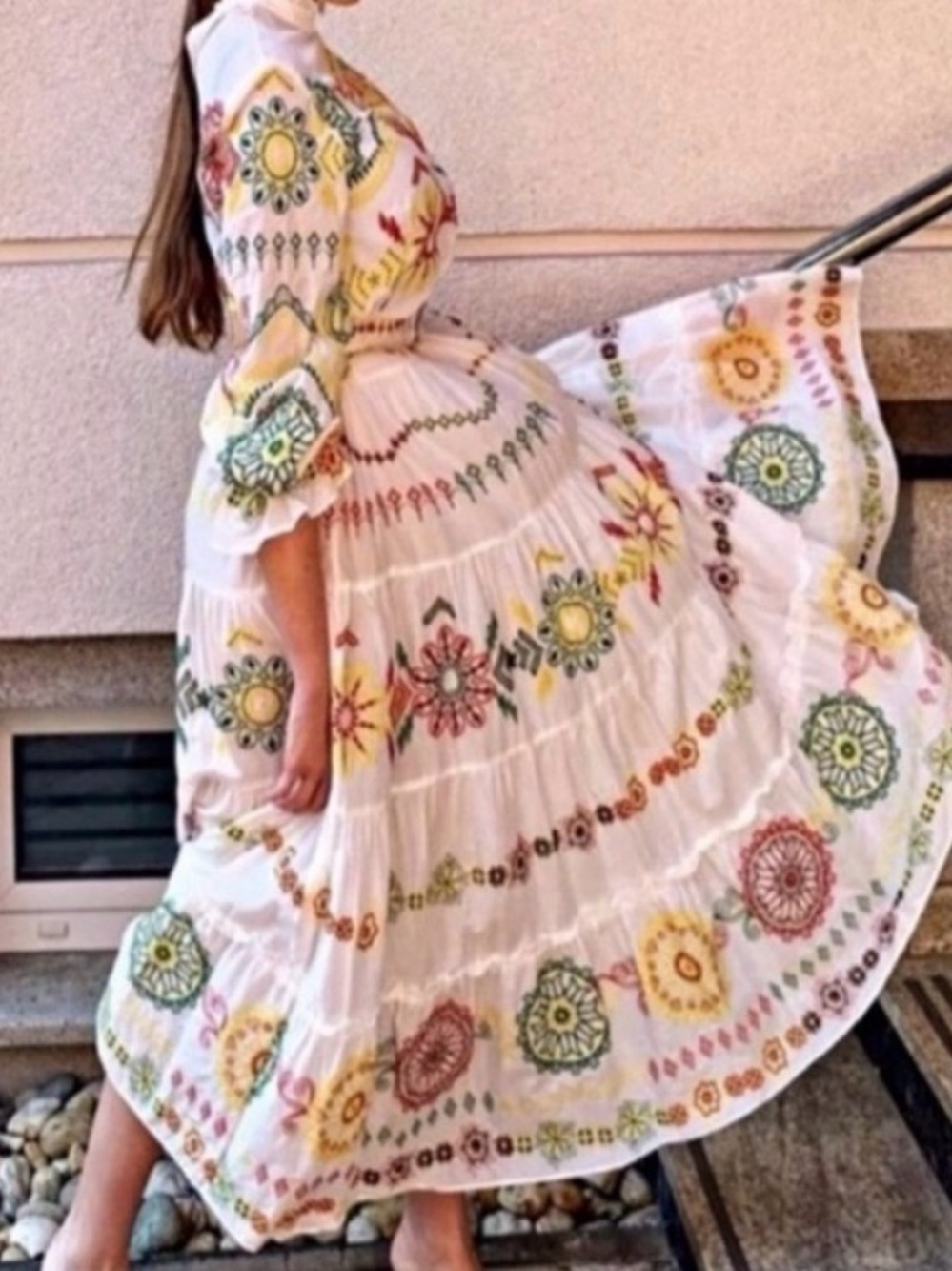 Zara White Embroidered Boho Maxi Dress Size M w/ Red Green Yellow floral EUC